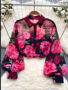 Black Sheer Shirt with Vibrant Pink Floral Print
